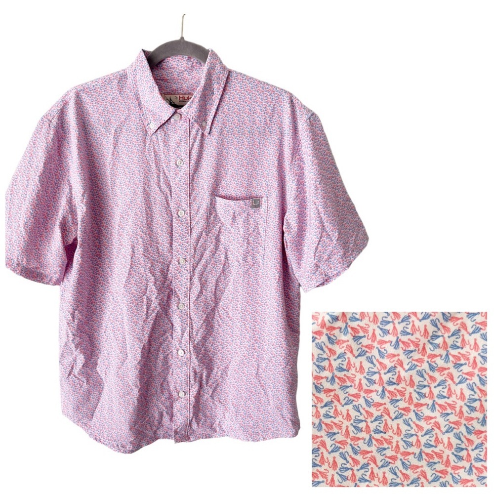 Huk Shirt Men's Medium Pink Blue Fishing Lure Print Button Up Quick Dry Gorpcore